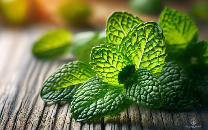 Fresh peppermint leaves are displayed on a rustic wooden surface, showcasing vibrant green colours and natural texture. Perfect for illustrating 'What does peppermint smell like?'