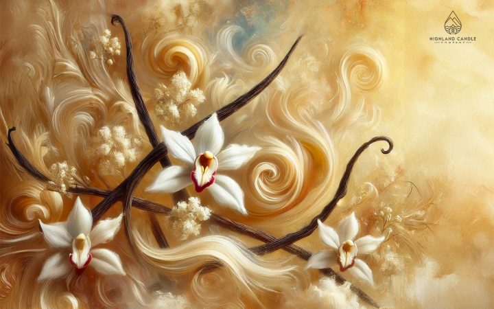 An abstract artistic representation of the question 'What Does Vanilla Smell Like?' featuring soft, creamy swirls in ivory and pale golden tones. Vanilla beans and delicate blossoms are subtly integrated into the design, surrounded by gentle wisps of aromatic clouds. The image has a warm and inviting glow, evoking the sweet and comforting essence of vanilla, with a softly textured, dreamy background.