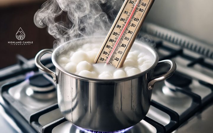 A close-up image showing what happens if you overheat soy wax. The white soy wax is boiling in a pot with steam rising, and a thermometer clearly indicates an overheating temperature. The background is a kitchen setting with a stove, illustrating the candle-making process.
