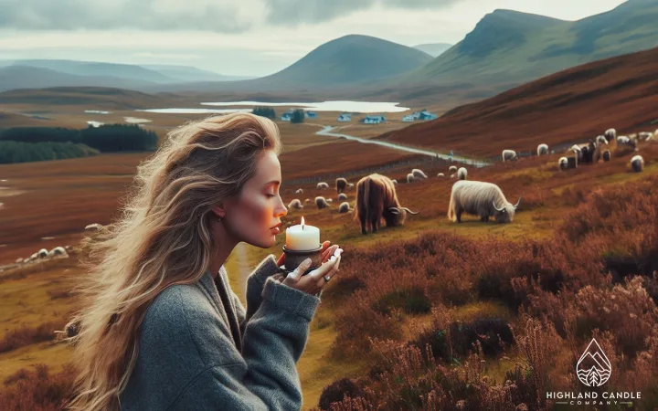 In the Highlands of Scotland countryside hills, surrounded by Highland cows, with a backdrop of rolling hills and lochs. A blonde hair Woman stands smelling a candle wondering What Is Candle Throw and Why It Matters