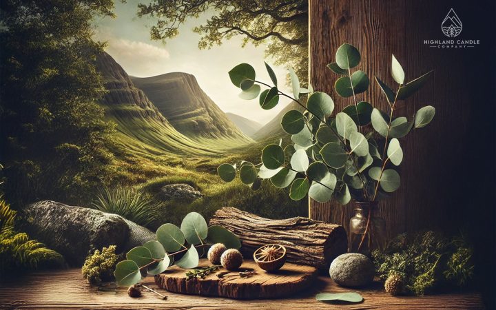 Fresh eucalyptus leaves arranged on weathered wood in a Highland-inspired setting, capturing the natural beauty and refreshing aroma of what eucalyptus smells like.