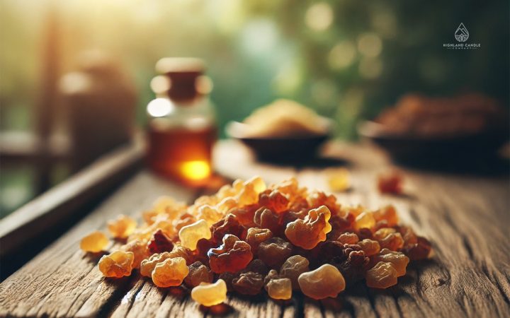 Frankincense resin is displayed on a natural wooden surface, featuring small, amber-coloured chunks with a semi-translucent texture. The rustic background highlights the organic nature of frankincense.