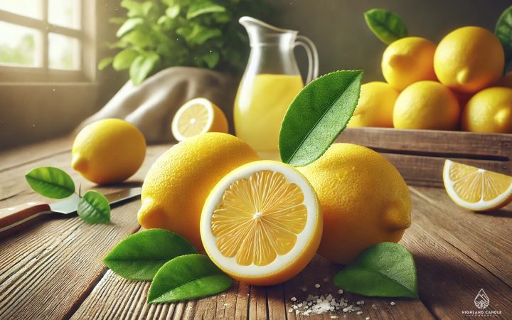 Fresh lemons on a rustic wooden table, with one cut in half revealing its juicy interior, surrounded by vibrant green leaves, illustrating the zesty essence of what does lemon smell like.