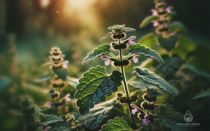 A close-up image of a patchouli plant with lush green leaves and small purple flowers in a serene natural setting. Sunlight softly filters through the background, highlighting the plant’s textured leaves, often associated with a unique, earthy aroma. The image evokes the question, 'What does patchouli smell like?' capturing its rich, grounding scent often used in aromatherapy and herbal applications.