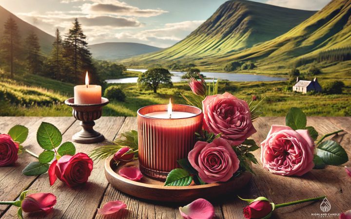 A handcrafted rose-scented candle on a rustic wooden table, surrounded by fresh rose petals with the lush green hills of the Highlands of Scotland in the background, capturing the essence of what does rose smell like.