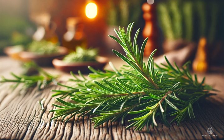 Fresh rosemary sprigs are displayed on a rustic wooden surface, showcasing vibrant green needle-like leaves. Perfect for illustrating 'What does rosemary smell like?'