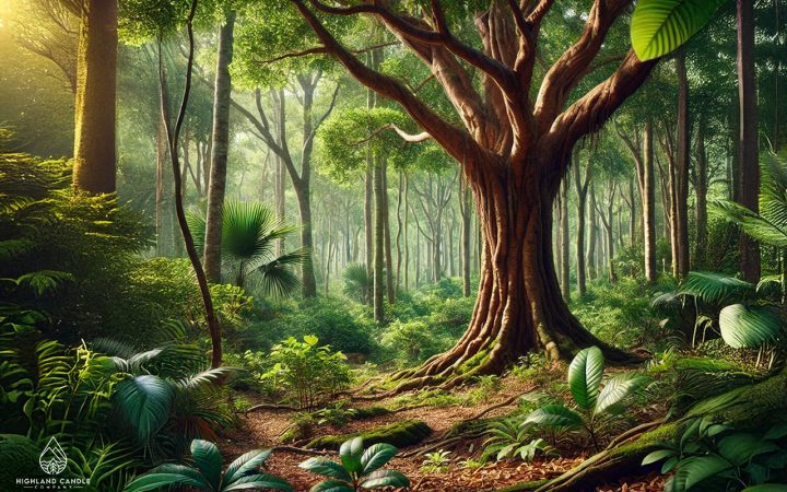 A sandalwood tree in its natural forest habitat, surrounded by lush green foliage and dappled sunlight filtering through the canopy. The tree's thick, textured bark and vibrant leaves capture the essence of sandalwood in the wild, evoking the warm, earthy scent often associated with it. Ideal for an article exploring 'What Does Sandalwood Smell Like?' and the natural origins of this aromatic wood.
