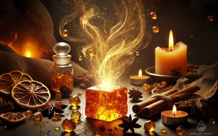 An evocative image illustrating the question 'What does amber smell like?' A glowing amber resin sits in the centre, releasing golden wisps of scent. The resin is surrounded by warm elements like soft glowing candles, dried cinnamon sticks, and vanilla pods, arranged in an earthy-toned setting. Light mist swirls through the scene, hinting at a rich, musky, and slightly sweet fragrance, creating a cosy, ancient, and mysterious ambience.
