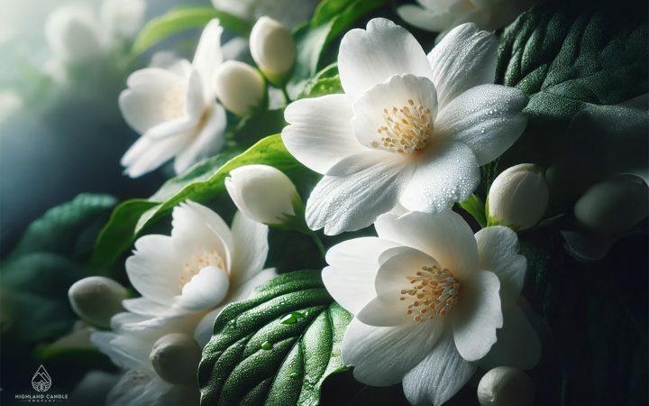 What does jasmine smell like? Close-up of blooming jasmine flowers with pure white petals and vibrant green leaves, showcasing the elegant beauty and sweet, floral fragrance of jasmine.