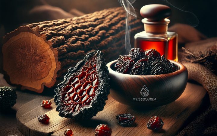 Close-up of oud resin and Aquilaria tree wood, showcasing the rich, dark texture and aromatic essence of oud, with soft smoke rising in the background for a luxurious ambience. Image created for the article 'What does oud smell like' for the Highland Candle Company.