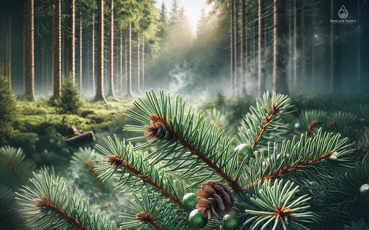 A realistic close-up of pine branches with vibrant green needles and small cones, illustrating the question 'What does pine smell like?' Wisps of earthy, fresh fragrance drift from the branches, evoking a cool, crisp scent. In the background, a dense pine forest stretches out in a soft blur, with hints of mist adding to the refreshing, natural ambience.