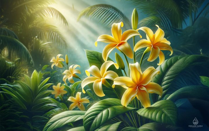 Bright yellow ylang-ylang flowers with star-shaped petals surrounded by lush green leaves, capturing the tropical beauty and evoking the exotic aroma described in 'What does ylang ylang smell like?'