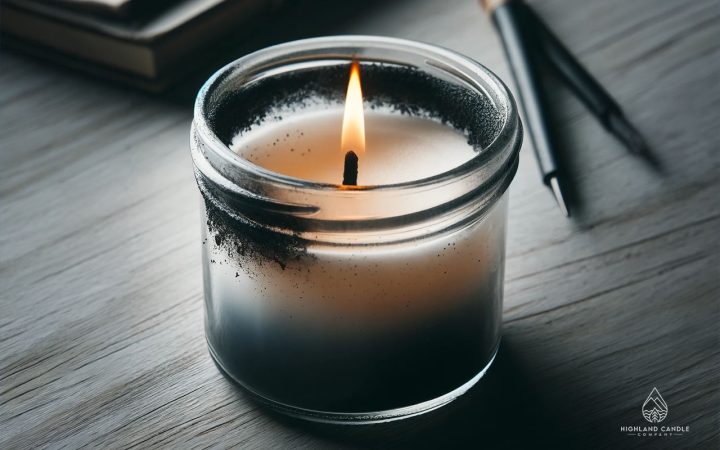 A close-up of a candle jar with black soot on the inner sides of the glass, with the candle still burning inside. The flame is slightly flickering, highlighting the soot accumulation. With the Highland Candle Company logo in the corner.