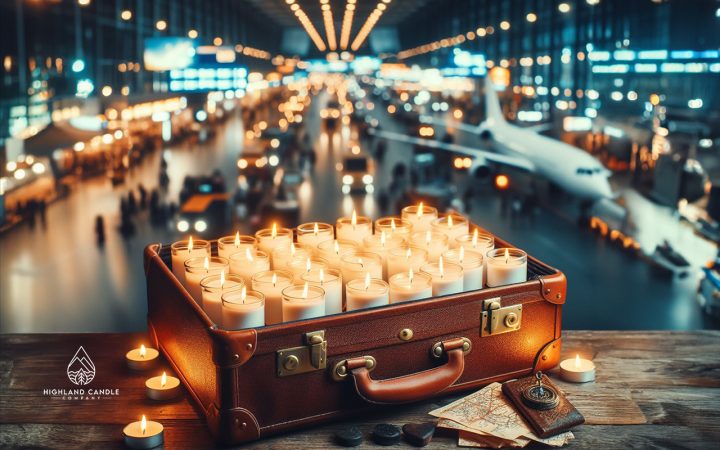Can you bring candles on a plane? An open suitcase is filled with candles in glass containers in an airport ready for travel