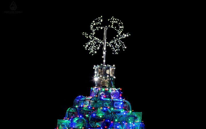 The top of the Ullapool creel tree, which instead of a star, is a crab. This Xmas tree is part of the community Christmas decorations that go up each year.
