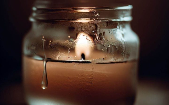 A candle jar is sweating. The wax inside is hot which is showing some candle sweating